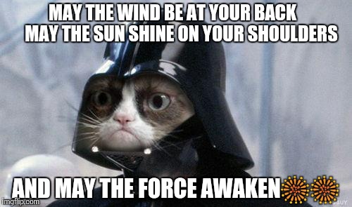 Grumpy Cat Star Wars | MAY THE WIND BE AT YOUR BACK 
   MAY THE SUN SHINE ON YOUR SHOULDERS; AND MAY THE FORCE AWAKEN🎆🎆 | image tagged in memes,grumpy cat star wars,grumpy cat | made w/ Imgflip meme maker
