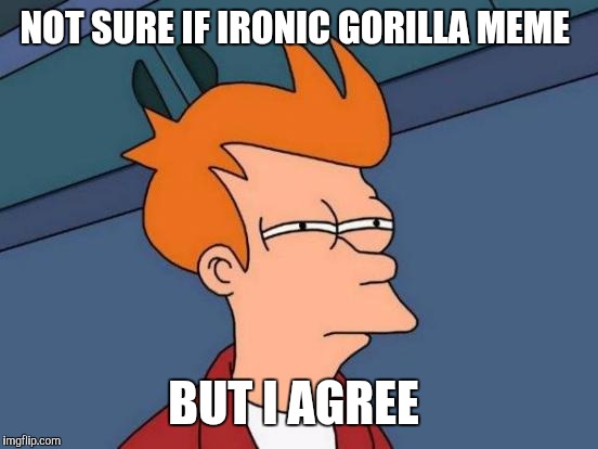 Futurama Fry Meme | NOT SURE IF IRONIC GORILLA MEME BUT I AGREE | image tagged in memes,futurama fry | made w/ Imgflip meme maker