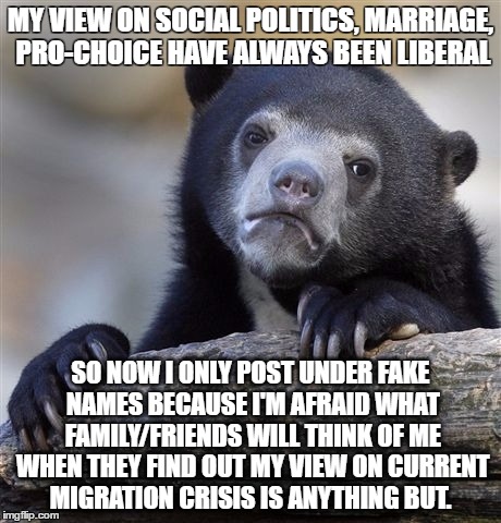 Confession Bear Meme | MY VIEW ON SOCIAL POLITICS, MARRIAGE, PRO-CHOICE HAVE ALWAYS BEEN LIBERAL; SO NOW I ONLY POST UNDER FAKE NAMES BECAUSE I'M AFRAID WHAT FAMILY/FRIENDS WILL THINK OF ME WHEN THEY FIND OUT MY VIEW ON CURRENT MIGRATION CRISIS IS ANYTHING BUT. | image tagged in memes,confession bear | made w/ Imgflip meme maker
