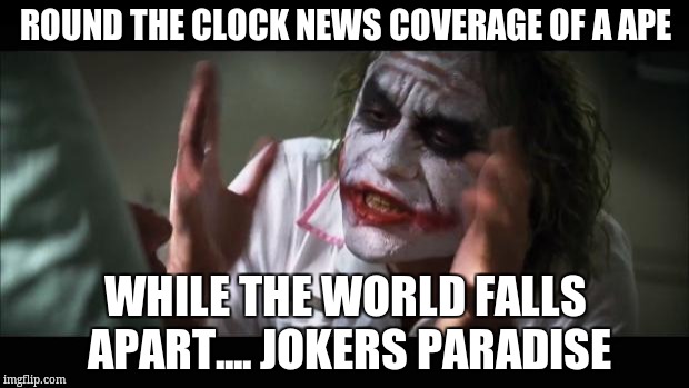 And everybody loses their minds Meme |  ROUND THE CLOCK NEWS COVERAGE OF A APE; WHILE THE WORLD FALLS APART.... JOKERS PARADISE | image tagged in memes,and everybody loses their minds | made w/ Imgflip meme maker