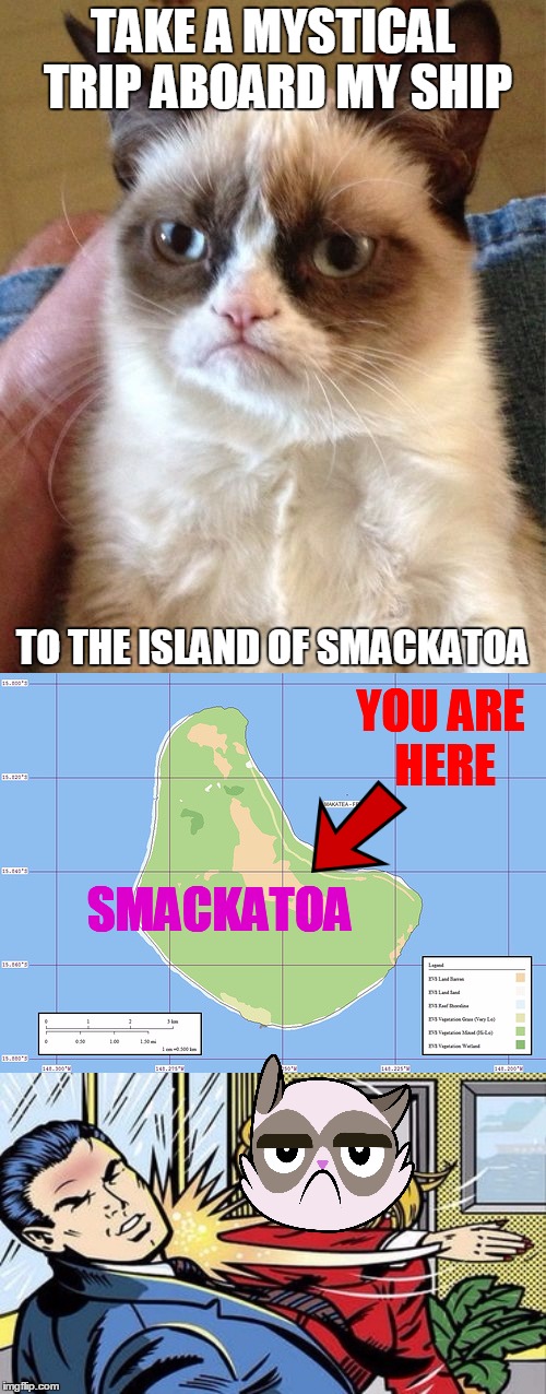The holiday of Grumpy Cat's dreams :) | TAKE A MYSTICAL TRIP ABOARD MY SHIP; TO THE ISLAND OF SMACKATOA; YOU ARE HERE; SMACKATOA | image tagged in memes,grumpy cat,funny,smack,island of smackatoa,grumpy cat travel agent | made w/ Imgflip meme maker