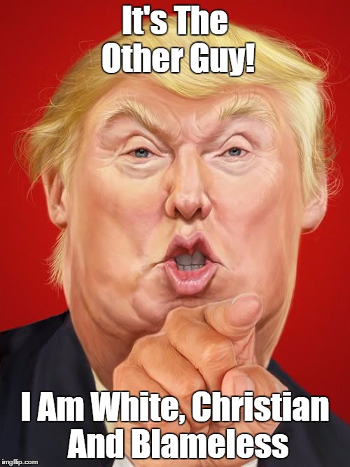 "It's The Other Guy!" | It's The Other Guy! I Am White, Christian And Blameless | image tagged in trump,christian conservative,purity,projection,blame the other guy | made w/ Imgflip meme maker