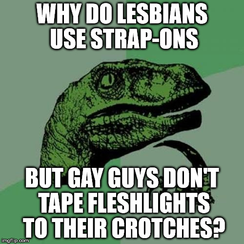 Philosoraptor | WHY DO LESBIANS USE STRAP-ONS; BUT GAY GUYS DON'T TAPE FLESHLIGHTS TO THEIR CROTCHES? | image tagged in memes,philosoraptor | made w/ Imgflip meme maker