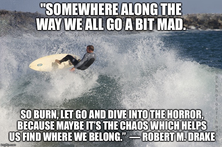 Madness | "SOMEWHERE ALONG THE WAY WE ALL GO A BIT MAD. SO BURN, LET GO AND DIVE INTO THE HORROR, BECAUSE MAYBE IT’S THE CHAOS WHICH HELPS US FIND WHERE WE BELONG.” 
― ROBERT M. DRAKE | image tagged in shredding waves,rmdrake,memes | made w/ Imgflip meme maker