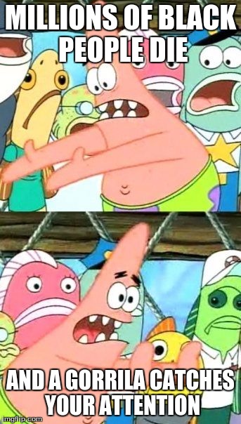 Put It Somewhere Else Patrick | MILLIONS OF BLACK PEOPLE DIE; AND A GORRILA CATCHES YOUR ATTENTION | image tagged in memes,put it somewhere else patrick | made w/ Imgflip meme maker
