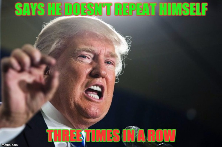 donald trump | SAYS HE DOESN'T REPEAT HIMSELF; THREE TIMES IN A ROW | image tagged in donald trump | made w/ Imgflip meme maker