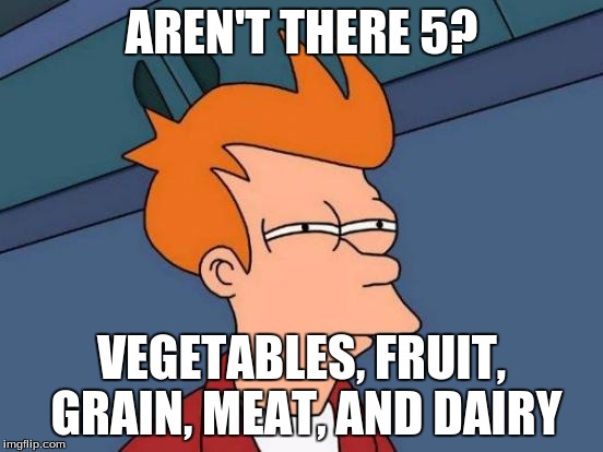 Futurama Fry Meme | AREN'T THERE 5? VEGETABLES, FRUIT, GRAIN, MEAT, AND DAIRY | image tagged in memes,futurama fry | made w/ Imgflip meme maker