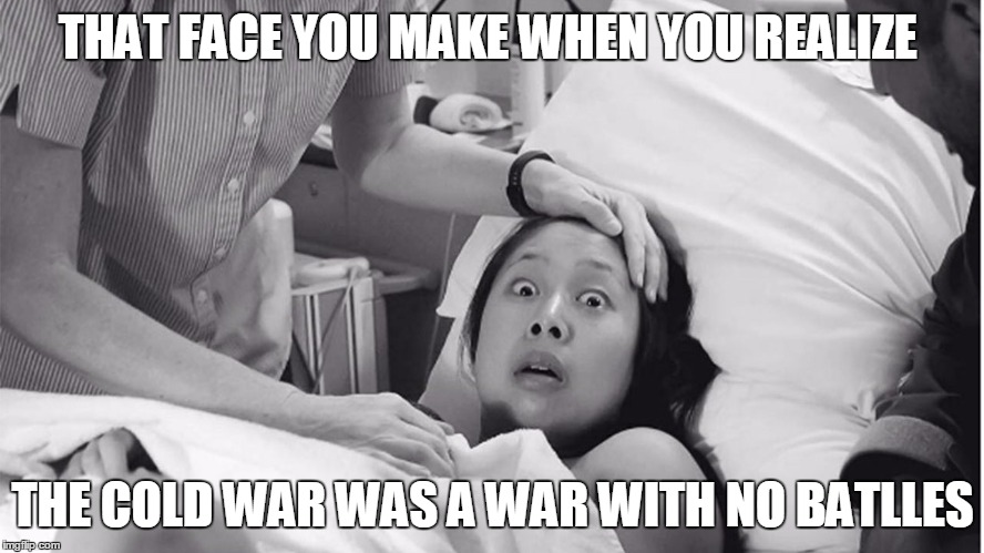 THAT FACE YOU MAKE WHEN YOU REALIZE; THE COLD WAR WAS A WAR WITH NO BATLLES | image tagged in surprised new mom | made w/ Imgflip meme maker