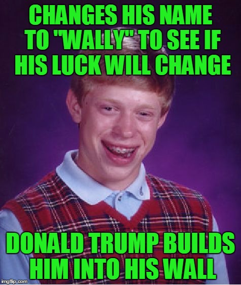 Bad Luck Wally | CHANGES HIS NAME TO "WALLY" TO SEE IF HIS LUCK WILL CHANGE; DONALD TRUMP BUILDS HIM INTO HIS WALL | image tagged in memes,bad luck brian,bad luck brian name change,wall,donald trump,funny | made w/ Imgflip meme maker