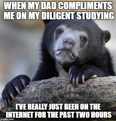 Me Studying 99% Of The Time (I do actually study sometimes) | WHEN MY DAD COMPLIMENTS ME ON MY DILIGENT STUDYING; I'VE REALLY JUST BEEN ON THE INTERNET FOR THE PAST TWO HOURS | image tagged in memes,confession bear,studying,internet | made w/ Imgflip meme maker