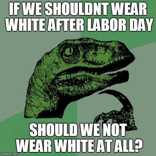 Philosoraptor Meme | IF WE SHOULDNT WEAR WHITE AFTER LABOR DAY; SHOULD WE NOT WEAR WHITE AT ALL? | image tagged in memes,philosoraptor | made w/ Imgflip meme maker