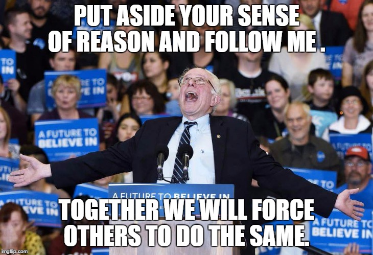 PUT ASIDE YOUR SENSE OF REASON AND FOLLOW ME . TOGETHER WE WILL FORCE OTHERS TO DO THE SAME. | image tagged in bernie | made w/ Imgflip meme maker