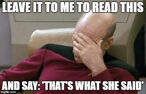 Captain Picard Facepalm Meme | LEAVE IT TO ME TO READ THIS AND SAY: 'THAT'S WHAT SHE SAID' | image tagged in memes,captain picard facepalm | made w/ Imgflip meme maker