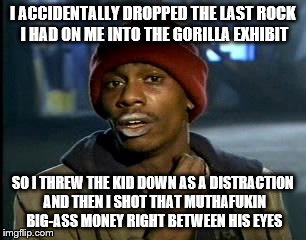 Y'all Got Any More Of That Meme | I ACCIDENTALLY DROPPED THE LAST ROCK I HAD ON ME INTO THE GORILLA EXHIBIT; SO I THREW THE KID DOWN AS A DISTRACTION AND THEN I SHOT THAT MUTHAFUKIN BIG-ASS MONEY RIGHT BETWEEN HIS EYES | image tagged in memes,yall got any more of | made w/ Imgflip meme maker