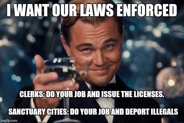 Leonardo Dicaprio Cheers Meme | I WANT OUR LAWS ENFORCED CLERKS: DO YOUR JOB AND ISSUE THE LICENSES.                                          
SANCTUARY CITIES: DO YOUR JOB | image tagged in memes,leonardo dicaprio cheers | made w/ Imgflip meme maker
