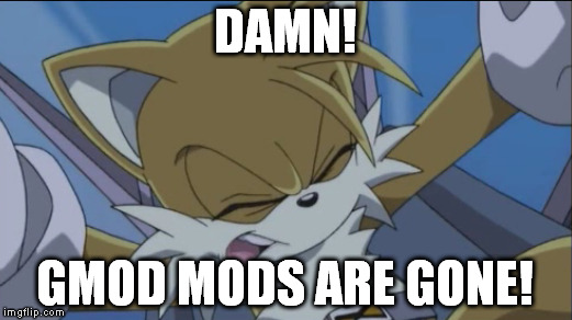 DAMN! GMOD MODS ARE GONE! | image tagged in sonic x,tails,hyper tornado,miiles prower,garry's mod | made w/ Imgflip meme maker