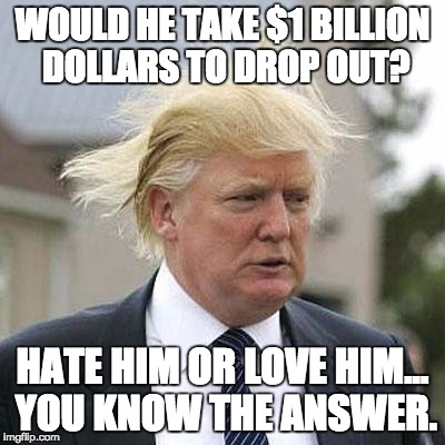 Donald Trump | WOULD HE TAKE $1 BILLION DOLLARS TO DROP OUT? HATE HIM OR LOVE HIM... YOU KNOW THE ANSWER. | image tagged in donald trump | made w/ Imgflip meme maker