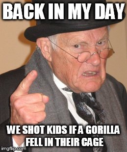 Back In My Day | BACK IN MY DAY; WE SHOT KIDS IF A GORILLA FELL IN THEIR CAGE | image tagged in memes,back in my day | made w/ Imgflip meme maker