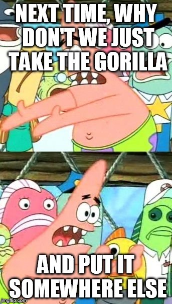 Put It Somewhere Else Patrick | NEXT TIME, WHY DON'T WE JUST TAKE THE GORILLA; AND PUT IT SOMEWHERE ELSE | image tagged in memes,put it somewhere else patrick | made w/ Imgflip meme maker