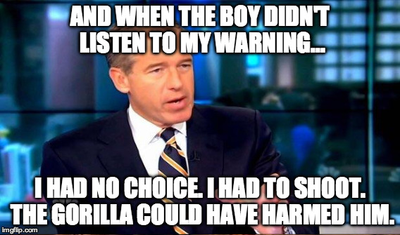 Brian Williams was there and he had no choice. | AND WHEN THE BOY DIDN'T LISTEN TO MY WARNING... I HAD NO CHOICE. I HAD TO SHOOT. THE GORILLA COULD HAVE HARMED HIM. | image tagged in brian williams was there,gorilla,zoo | made w/ Imgflip meme maker