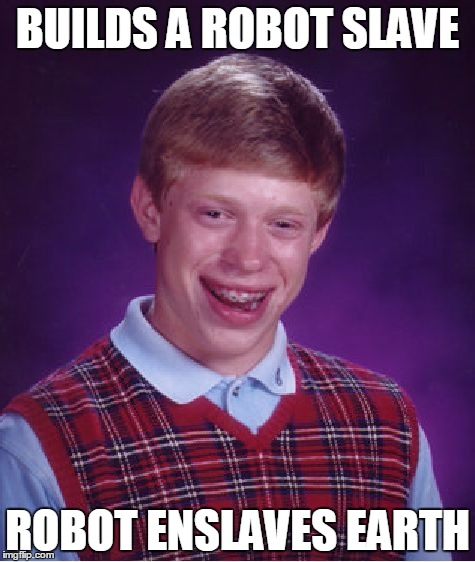 Bad Luck Brian | BUILDS A ROBOT SLAVE; ROBOT ENSLAVES EARTH | image tagged in memes,bad luck brian | made w/ Imgflip meme maker