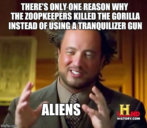 Ancient Aliens | THERE'S ONLY ONE REASON WHY THE ZOOPKEEPERS KILLED THE GORILLA INSTEAD OF USING A TRANQUILIZER GUN; ALIENS | image tagged in memes,ancient aliens | made w/ Imgflip meme maker