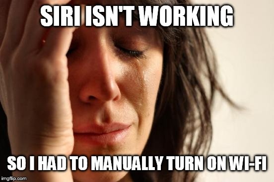 First World Problems | SIRI ISN'T WORKING; SO I HAD TO MANUALLY TURN ON WI-FI | image tagged in memes,first world problems | made w/ Imgflip meme maker