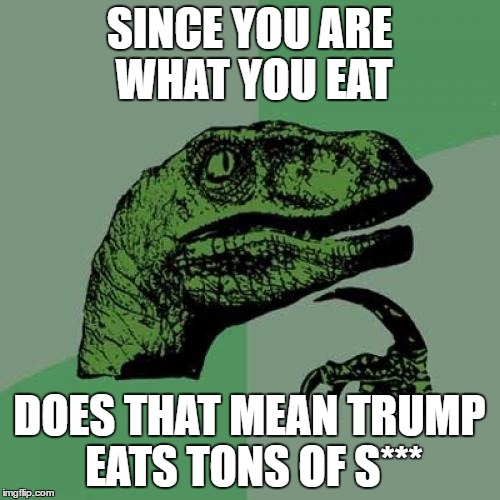 Philosoraptor |  SINCE YOU ARE WHAT YOU EAT; DOES THAT MEAN TRUMP EATS TONS OF S*** | image tagged in memes,philosoraptor | made w/ Imgflip meme maker