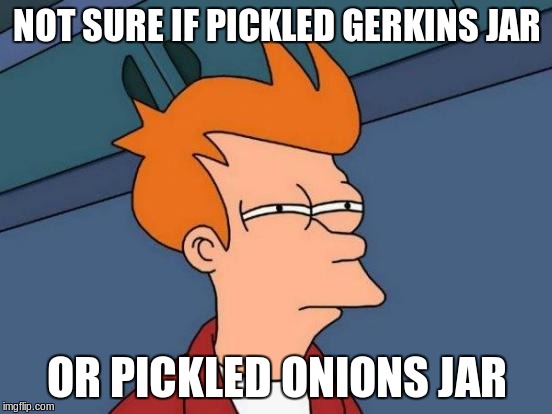 Futurama Fry | NOT SURE IF PICKLED GERKINS JAR; OR PICKLED ONIONS JAR | image tagged in memes,futurama fry | made w/ Imgflip meme maker