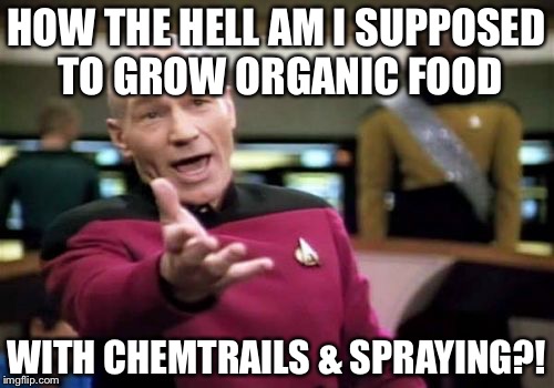 Picard Wtf Meme | HOW THE HELL AM I SUPPOSED TO GROW ORGANIC FOOD; WITH CHEMTRAILS & SPRAYING?! | image tagged in memes,picard wtf | made w/ Imgflip meme maker