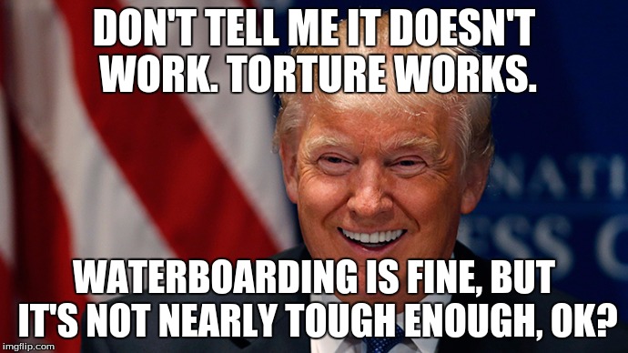 Laughing Donald Trump | DON'T TELL ME IT DOESN'T WORK. TORTURE WORKS. WATERBOARDING IS FINE, BUT IT'S NOT NEARLY TOUGH ENOUGH, OK? | image tagged in laughing donald trump | made w/ Imgflip meme maker