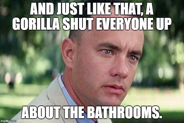 And Just Like That Meme |  AND JUST LIKE THAT, A GORILLA SHUT EVERYONE UP; ABOUT THE BATHROOMS. | image tagged in forrest gump | made w/ Imgflip meme maker
