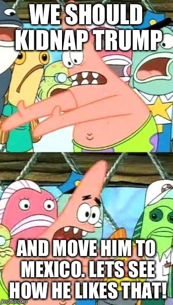 Put It Somewhere Else Patrick Meme |  WE SHOULD KIDNAP TRUMP; AND MOVE HIM TO MEXICO. LETS SEE HOW HE LIKES THAT! | image tagged in memes,put it somewhere else patrick | made w/ Imgflip meme maker