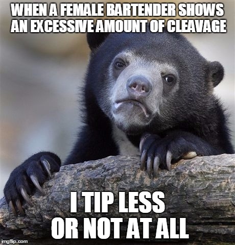 Confession Bear Meme |  WHEN A FEMALE BARTENDER SHOWS AN EXCESSIVE AMOUNT OF CLEAVAGE; I TIP LESS OR NOT AT ALL | image tagged in memes,confession bear,AdviceAnimals | made w/ Imgflip meme maker