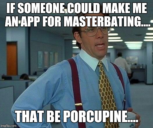 That Would Be Great | IF SOMEONE COULD MAKE ME AN APP FOR MASTERBATING.... THAT BE PORCUPINE.... | image tagged in memes,that would be great | made w/ Imgflip meme maker