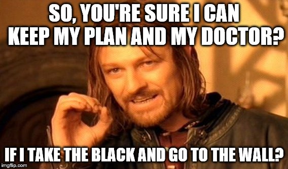 One Does Not Simply Meme | SO, YOU'RE SURE I CAN KEEP MY PLAN AND MY DOCTOR? IF I TAKE THE BLACK AND GO TO THE WALL? | image tagged in memes,one does not simply | made w/ Imgflip meme maker