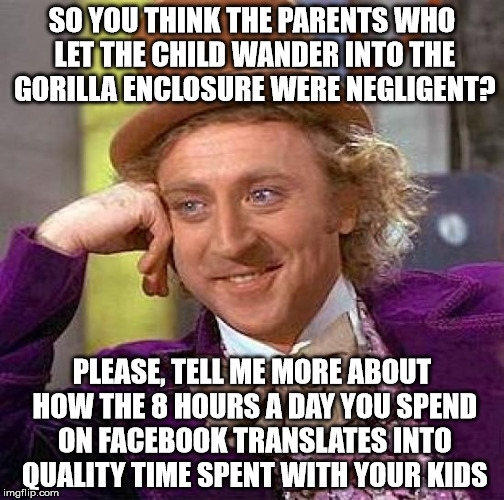 My reaction to self-proclaimed expert parents on facebook. | SO YOU THINK THE PARENTS WHO LET THE CHILD WANDER INTO THE GORILLA ENCLOSURE WERE NEGLIGENT? PLEASE, TELL ME MORE ABOUT HOW THE 8 HOURS A DAY YOU SPEND ON FACEBOOK TRANSLATES INTO QUALITY TIME SPENT WITH YOUR KIDS | image tagged in memes,creepy condescending wonka,fb,gorilla,funny | made w/ Imgflip meme maker