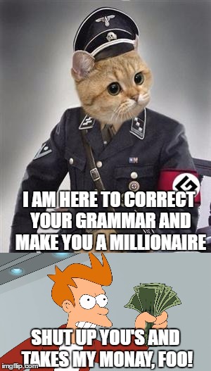 I AM HERE TO CORRECT YOUR GRAMMAR AND MAKE YOU A MILLIONAIRE; SHUT UP YOU'S AND TAKES MY MONAY, FOO! | image tagged in memes,grammar nazi cat,fry take my money | made w/ Imgflip meme maker