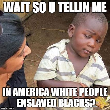 Third World Skeptical Kid | WAIT SO U TELLIN ME; IN AMERICA WHITE PEOPLE ENSLAVED BLACKS? | image tagged in memes,third world skeptical kid | made w/ Imgflip meme maker