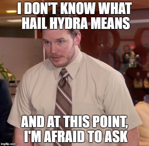 Afraid To Ask Andy Meme | I DON'T KNOW WHAT HAIL HYDRA MEANS; AND AT THIS POINT, I'M AFRAID TO ASK | image tagged in memes,afraid to ask andy | made w/ Imgflip meme maker