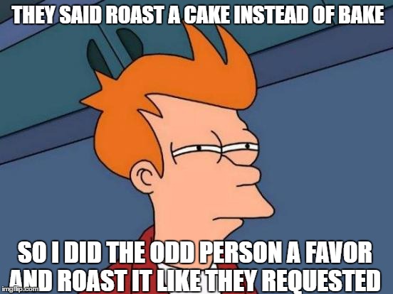 Futurama Fry Meme | THEY SAID ROAST A CAKE INSTEAD OF BAKE SO I DID THE ODD PERSON A FAVOR AND ROAST IT LIKE THEY REQUESTED | image tagged in memes,futurama fry | made w/ Imgflip meme maker
