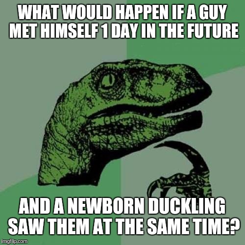 Philosoraptor | WHAT WOULD HAPPEN IF A GUY MET HIMSELF 1 DAY IN THE FUTURE; AND A NEWBORN DUCKLING SAW THEM AT THE SAME TIME? | image tagged in memes,philosoraptor | made w/ Imgflip meme maker