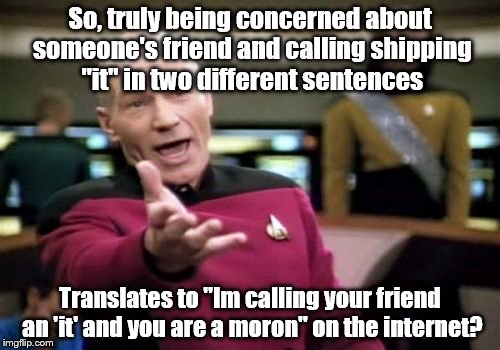 Why internet? | So, truly being concerned about someone's friend and calling shipping "it" in two different sentences; Translates to "Im calling your friend an 'it' and you are a moron" on the internet? | image tagged in memes,picard wtf | made w/ Imgflip meme maker