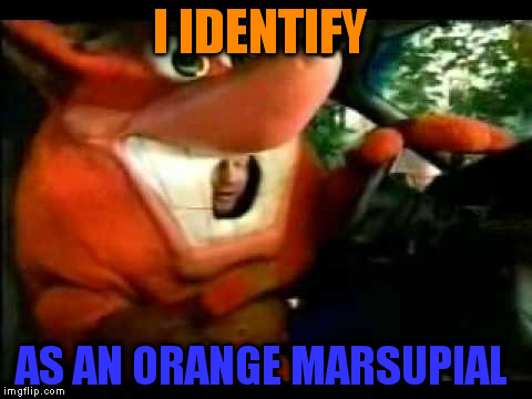Crash Bandicoot Driving | I IDENTIFY; AS AN ORANGE MARSUPIAL | image tagged in crash bandicoot driving | made w/ Imgflip meme maker
