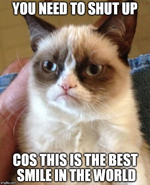 Grumpy Cat Meme | YOU NEED TO SHUT UP; COS THIS IS THE BEST SMILE IN THE WORLD | image tagged in memes,grumpy cat | made w/ Imgflip meme maker