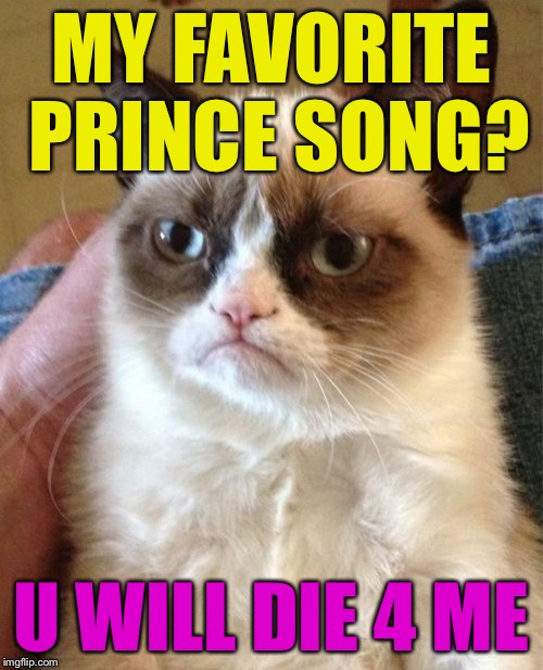 Grumpy Cat | MY FAVORITE PRINCE SONG? U WILL DIE 4 ME | image tagged in memes,grumpy cat,prince | made w/ Imgflip meme maker