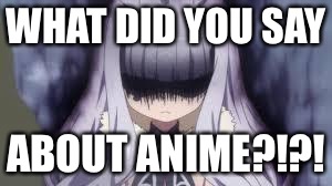 pissed off anime girl | WHAT DID YOU SAY; ABOUT ANIME?!?! | image tagged in pissed off anime girl | made w/ Imgflip meme maker