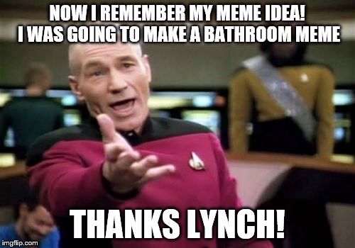 Picard Wtf Meme | NOW I REMEMBER MY MEME IDEA! I WAS GOING TO MAKE A BATHROOM MEME THANKS LYNCH! | image tagged in memes,picard wtf | made w/ Imgflip meme maker