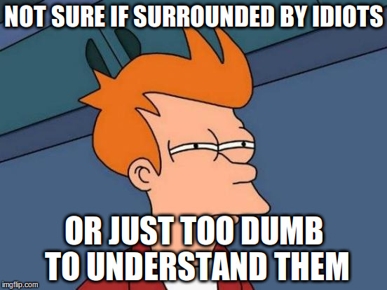 Futurama Fry | NOT SURE IF SURROUNDED BY IDIOTS; OR JUST TOO DUMB TO UNDERSTAND THEM | image tagged in memes,futurama fry | made w/ Imgflip meme maker