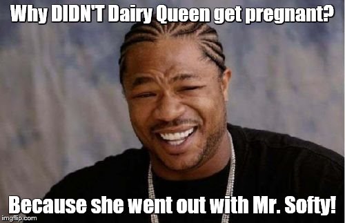 Yo Dawg Heard You Meme | Why DIDN'T Dairy Queen get pregnant? Because she went out with Mr. Softy! | image tagged in memes,yo dawg heard you | made w/ Imgflip meme maker